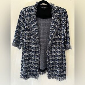 Ming Wang Knit Open Blazer Cardigan Blue Black White Frayed Edges Size Medium